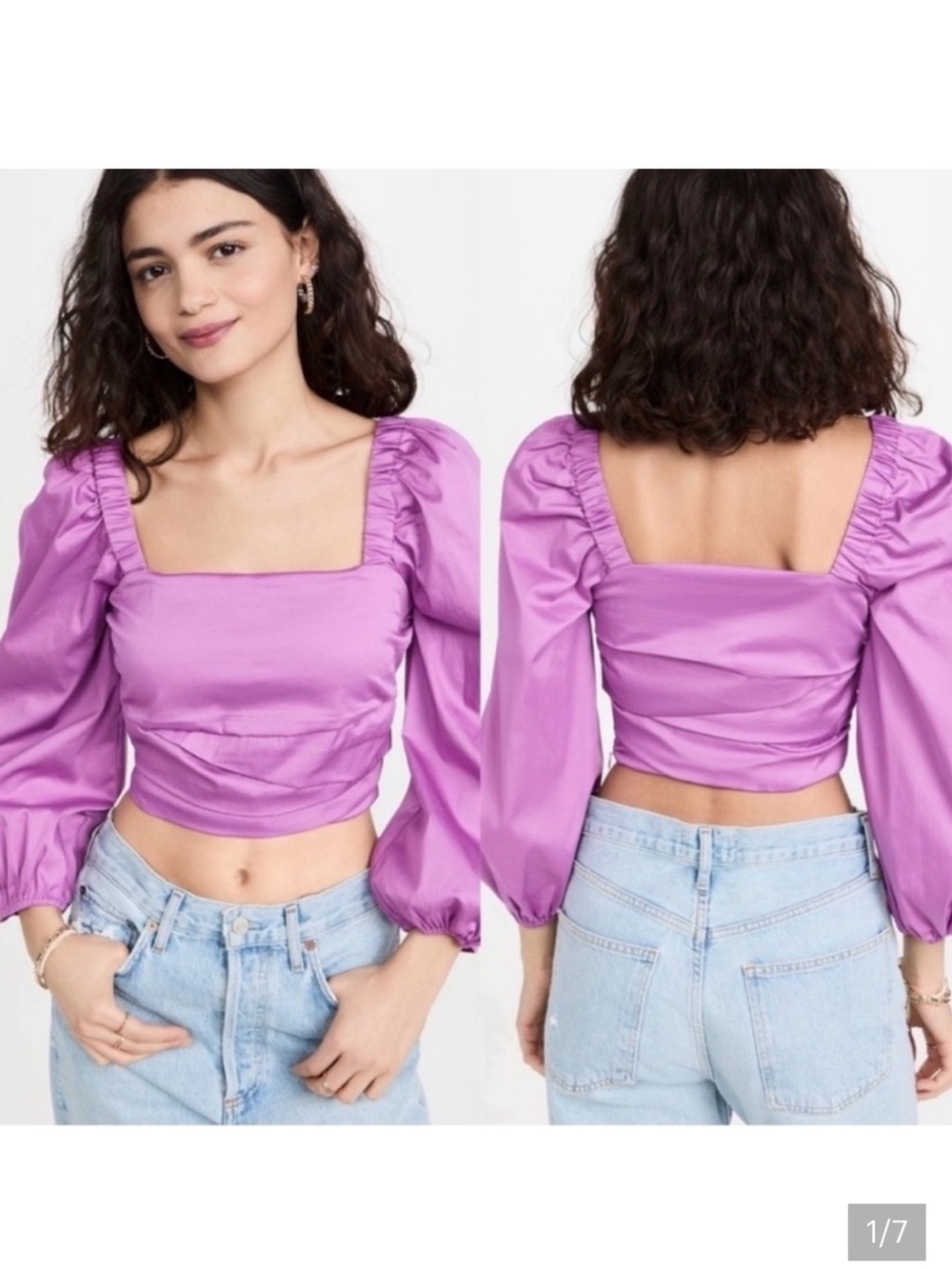 Veronica Beard Lilac Square-Neck Puff Sleeve Crop Top